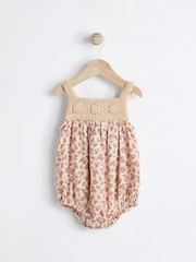 Rust Brown/ Cream Floral Baby Crochet Bloomer 100% Cotton Romper (0-18mths) - Image 3 of 8