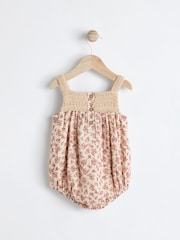 Rust Brown/ Cream Floral Baby Crochet Bloomer 100% Cotton Romper (0-18mths) - Image 4 of 8