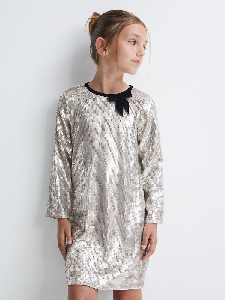Reiss Silver Leon Sequin Bow Dress - Image 1 of 5