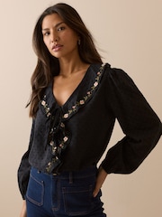 Nobodys Child Black Embroidered Floral Ruffle Trim Top - Image 1 of 4
