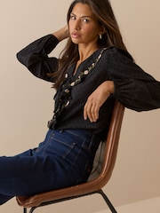 Nobodys Child Black Embroidered Floral Ruffle Trim Top - Image 3 of 4