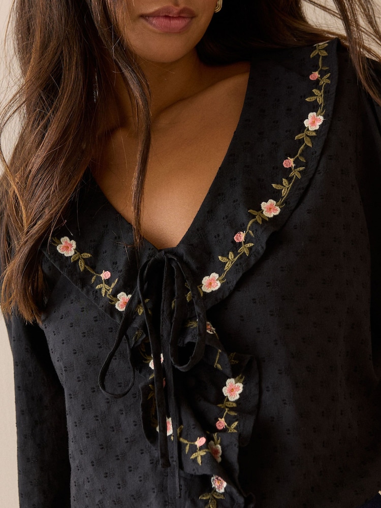 Nobodys Child Black Embroidered Floral Ruffle Trim Top - Image 4 of 4