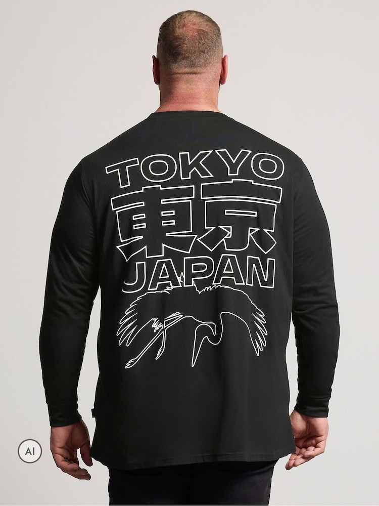 Svart - Lang - BadRhino Big & Tall Tokyo Print Langermet T-skjorte - Bilde 2 av 6