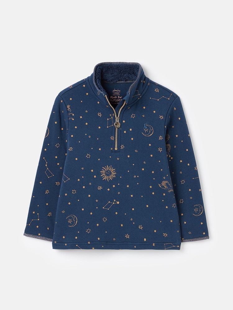 Joules Fairdale Luxe Navy Blue Quarter Zip Printed Sweatshirt with Fleece Lining - Image 1 of 5