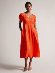Ted Baker Orange Opalz Fit And Flare Puff Sleeve Midi Dress - Image 1 of 5