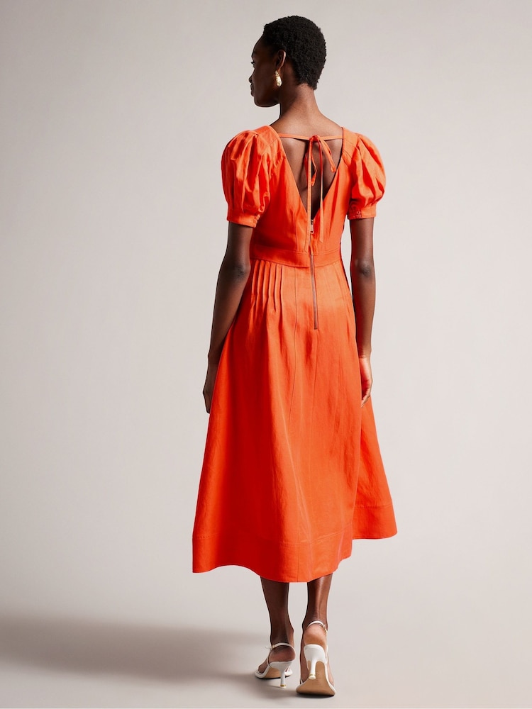 Ted Baker Orange Opalz Fit And Flare Puff Sleeve Midi Dress - Image 2 of 5