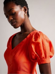 Ted Baker Orange Opalz Fit And Flare Puff Sleeve Midi Dress - Image 4 of 5