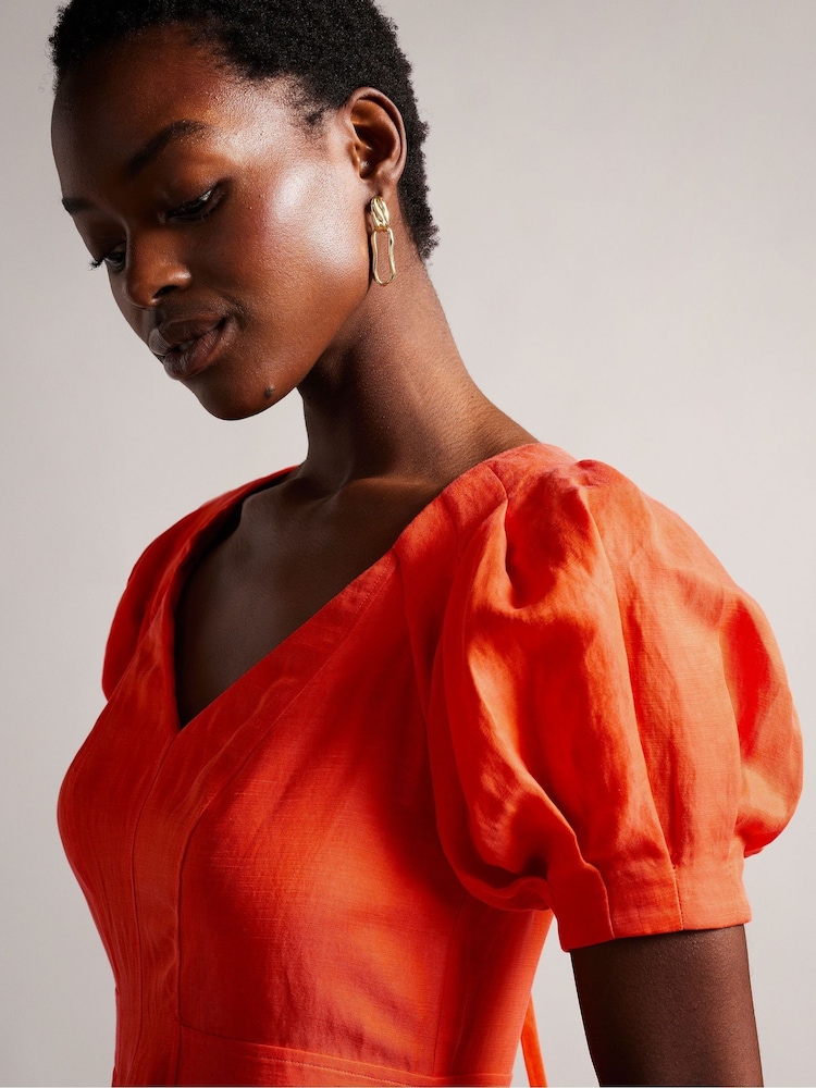 Ted Baker Orange Opalz Fit And Flare Puff Sleeve Midi Dress - Image 4 of 5