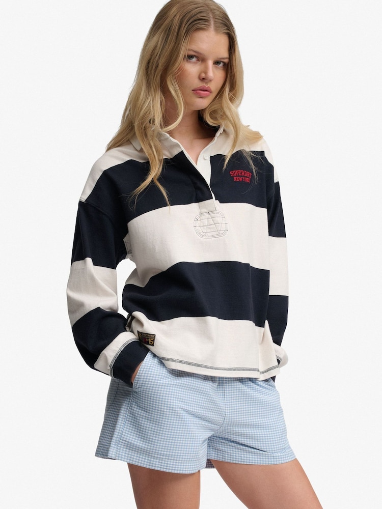 SUPERDRY Blue Cotton Elastic Check Shorts - Image 1 of 7 SUPERDRY Blue Cotton Elastic Check Shorts - Image 1 of 7