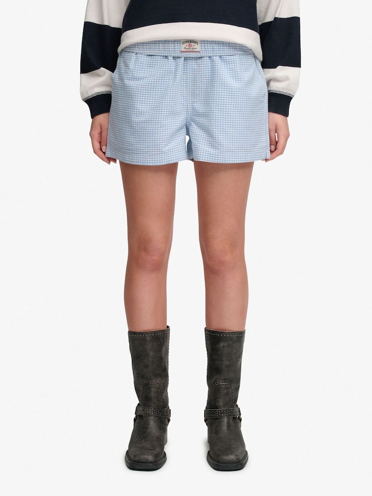 SUPERDRY Blue Cotton Elastic Check Shorts - Image 2 of 7 SUPERDRY Blue Cotton Elastic Check Shorts - Image 2 of 7