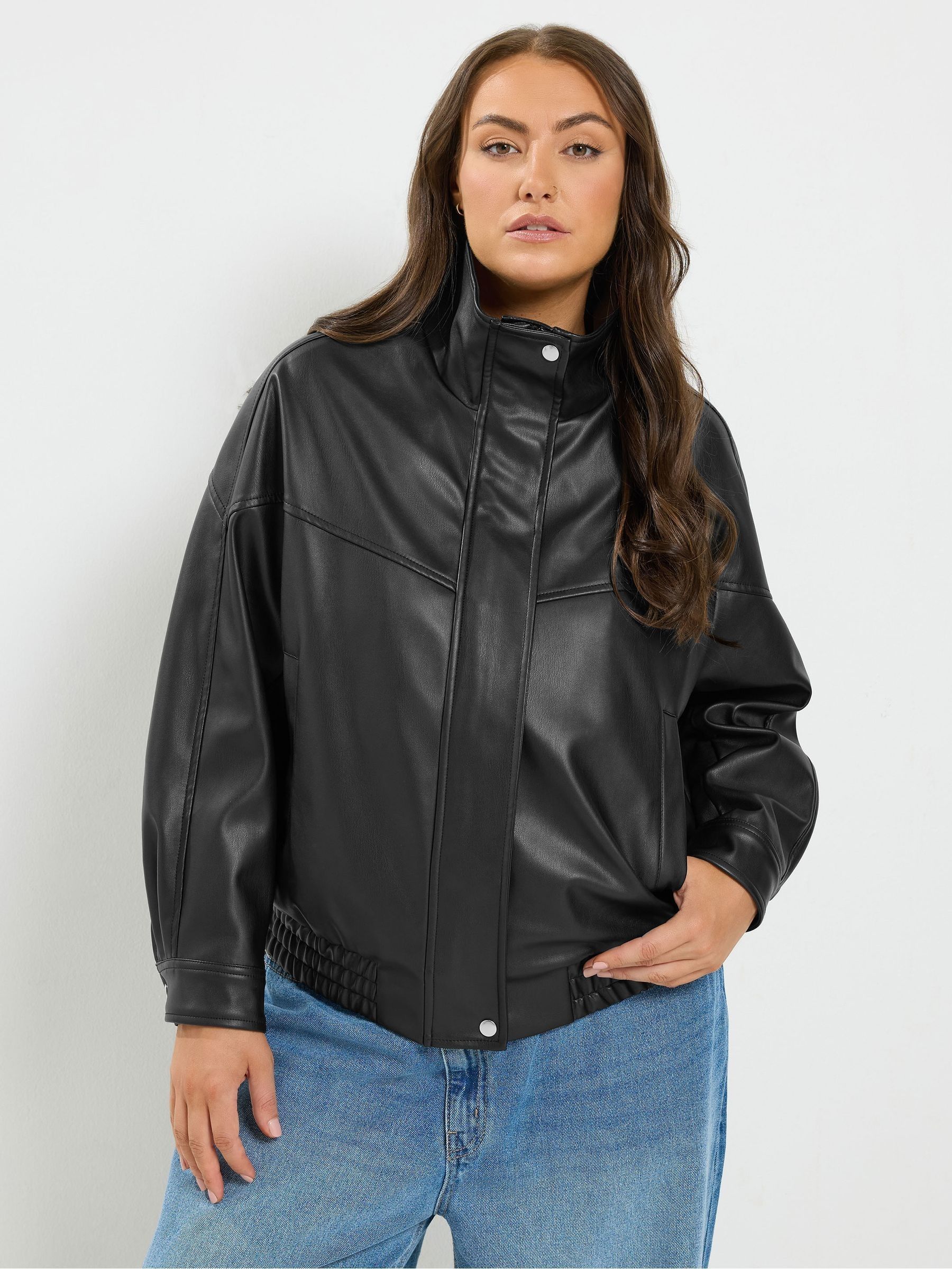 Yours Women's Black Faux Leather Funnel Neck Jacket In Size 30-32 - Image 2