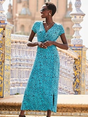 Sosandar Blue Geometric Stripe Print Twist Front Maxi Dress - Image 1 of 4