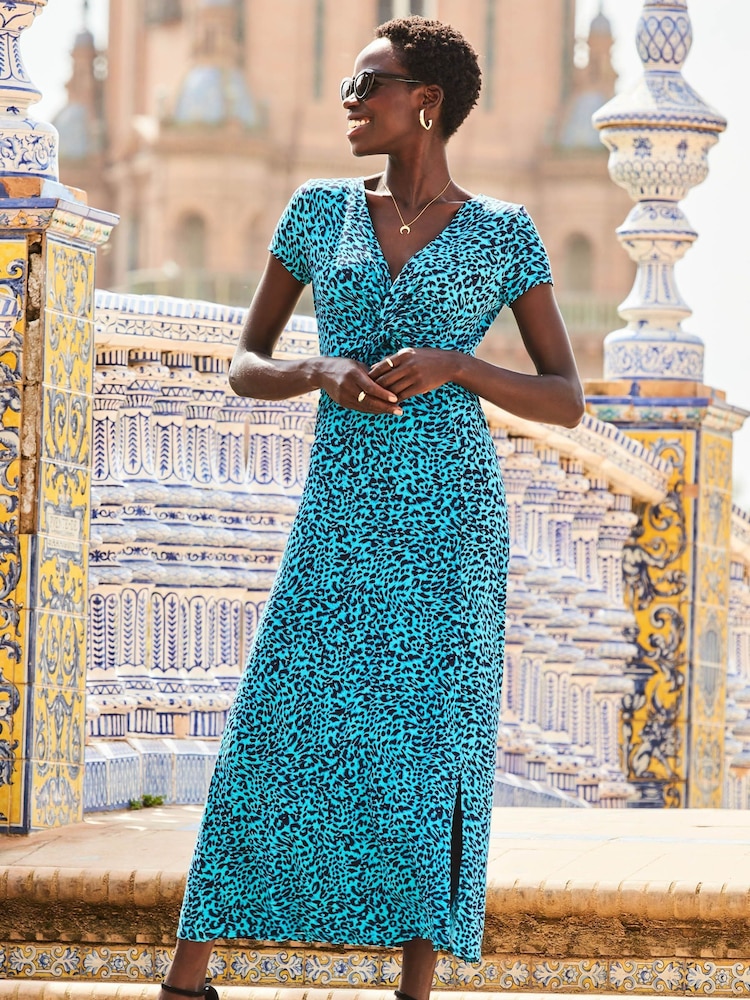 Sosandar Blue Geometric Stripe Print Twist Front Maxi Dress - Image 1 of 4