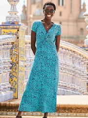 Sosandar Blue Geometric Stripe Print Twist Front Maxi Dress - Image 4 of 4