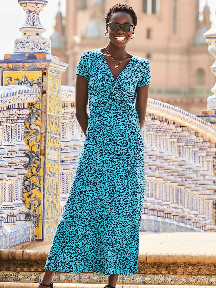 Sosandar Blue Geometric Stripe Print Twist Front Maxi Dress - Image 4 of 4