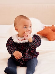 Navy Embroided Flower Baby Woven Bloomer Romper with Tight Set (0mths-3yrs) - Image 1 of 7