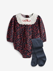 Navy Embroided Flower Baby Woven Bloomer Romper with Tight Set (0mths-3yrs) - Image 5 of 7