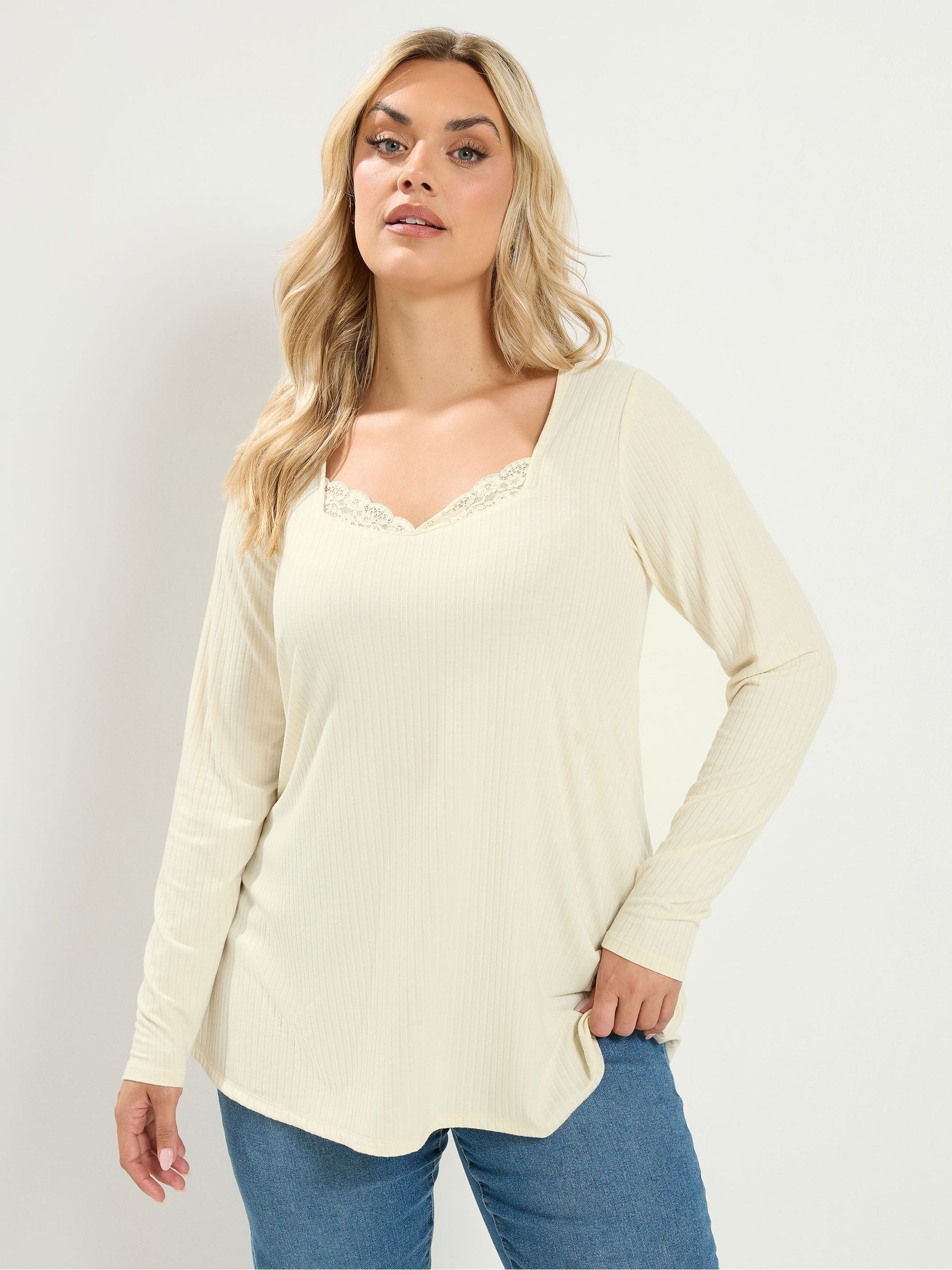 Yours Women's Lace Insert Ribbed Top in Natural | Size: 16 - Image 2