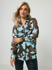 Yours Curve Blue London Jacquard Floral Shirt - Image 1 of 6