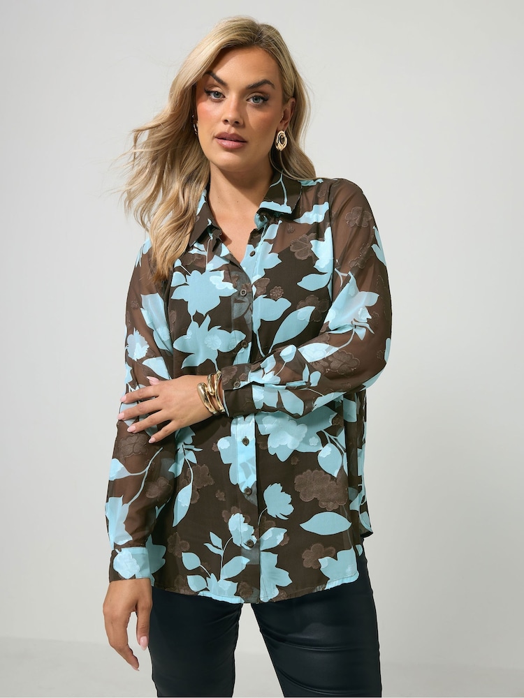 Yours Curve Blue London Jacquard Floral Shirt - Image 1 of 6 Yours Curve Blue London Jacquard Floral Shirt - Image 1 of 6