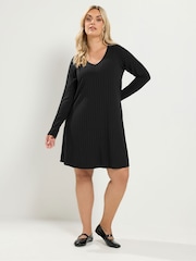 Yours Curve Black Plunge Ribbed Long Sleeve Tunic Top - Image 2 of 6