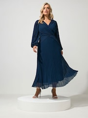 Yours Curve Blue London Pleated Long Sleeve Dress - Image 1 of 6