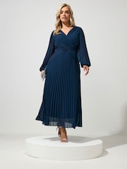 Yours Curve Blue London Pleated Long Sleeve Dress - Image 2 of 6