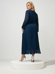 Yours Curve Blue London Pleated Long Sleeve Dress - Image 3 of 6