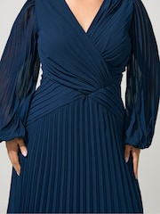 Yours Curve Blue London Pleated Long Sleeve Dress - Image 4 of 6