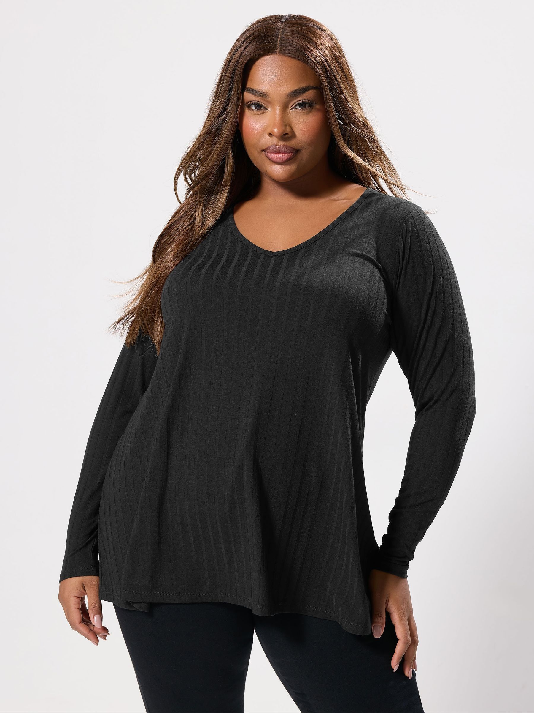Yours Women's Black Ribbed Swing T-Shirt In | Size: 38/40 - Image 2