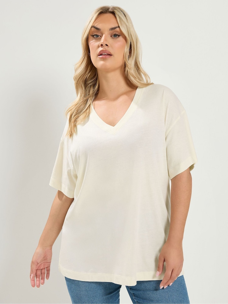 Yours Curve White V-Neckline Longline T-Shirt - Image 1 of 6 Yours Curve White V-Neckline Longline T-Shirt - Image 1 of 6