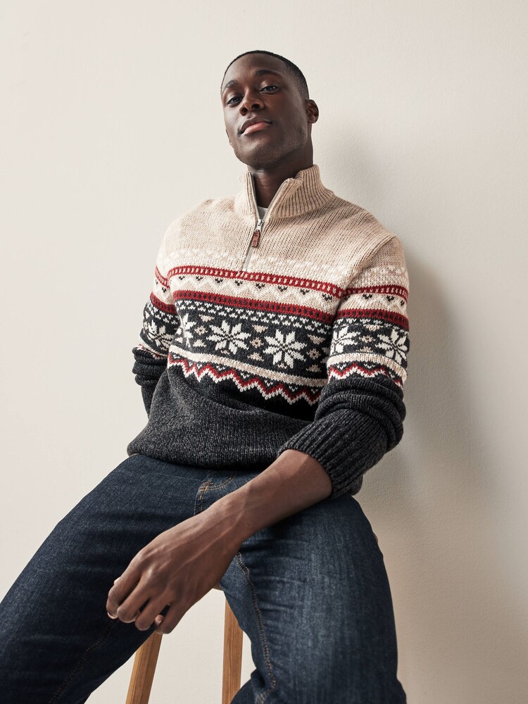 Black Zip Neck Fairisle Pattern Knitted Jumper - Image 1 of 8