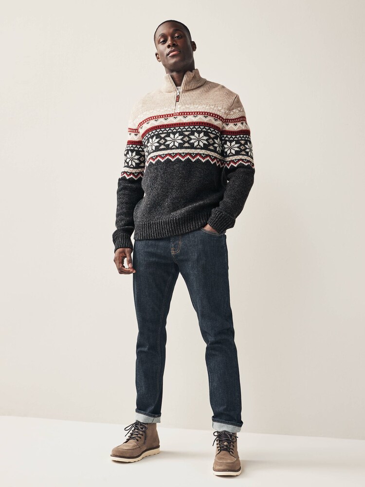 Black Zip Neck Fairisle Pattern Knitted Jumper - Image 2 of 8