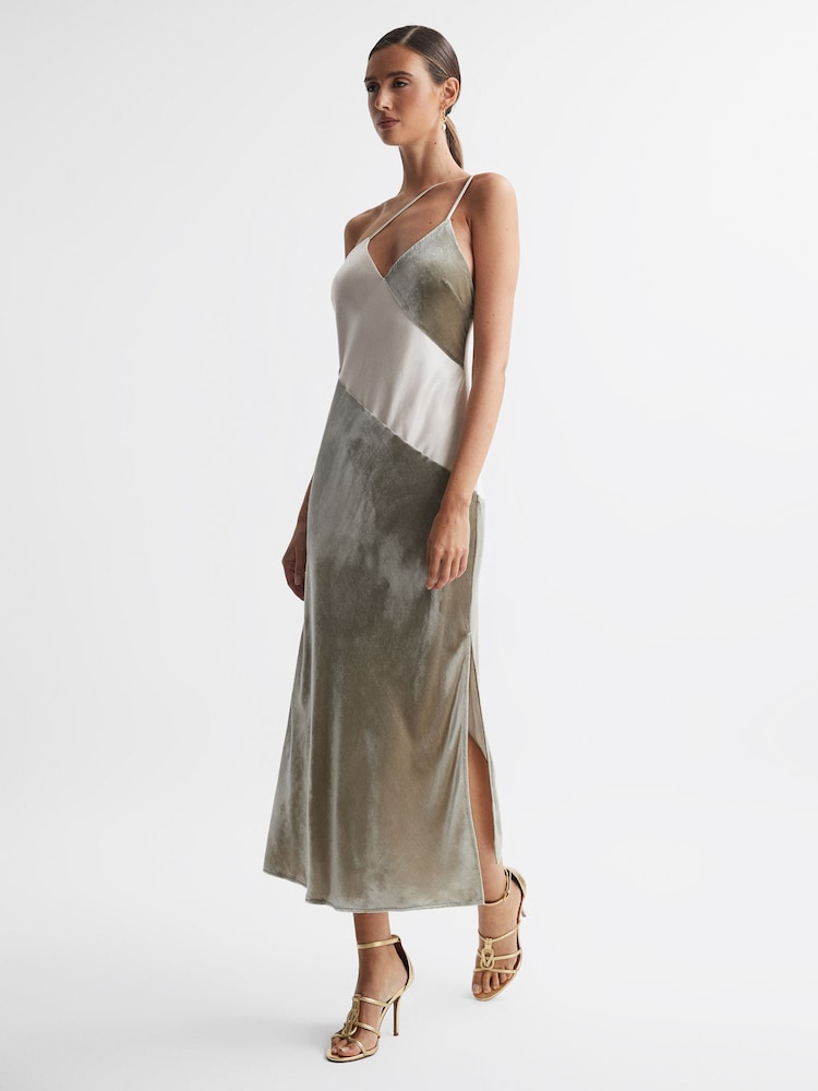 Reiss Silver Keeley Silk-Velvet Asymmetric Strap Midi Dress - Image 3 of 6