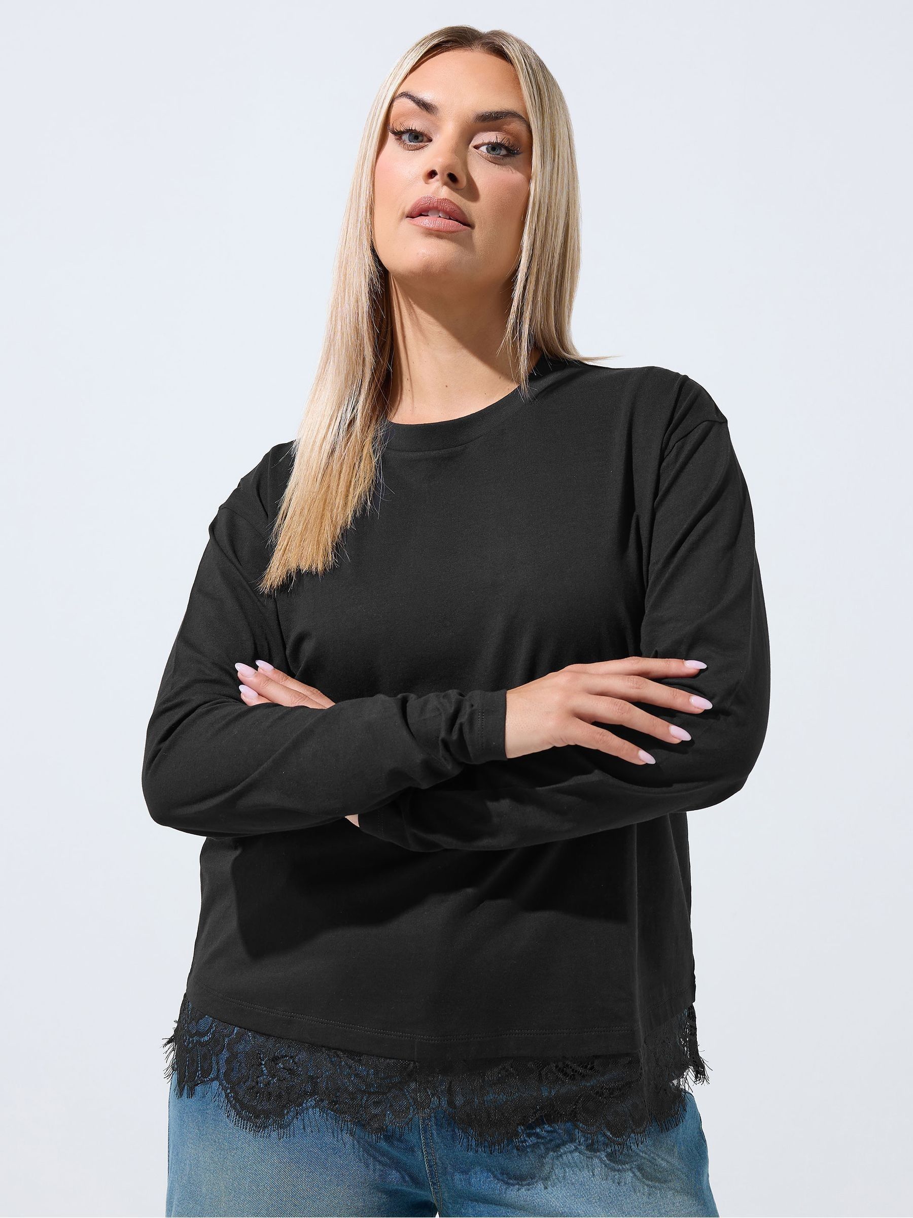 Yours Women's Black Lace Hem Long Sleeve T-Shirt In | : 26/28 - Image 6