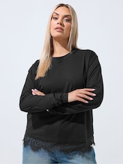Yours Curve Black Limited Lace Hem Long Sleeve T-Shirt - Image 1 of 6