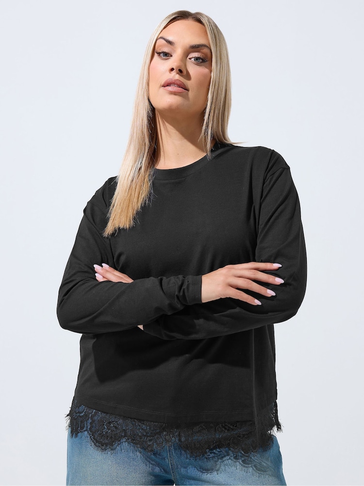 Yours Curve Black Limited Lace Hem Long Sleeve T-Shirt - Image 1 of 6 Yours Curve Black Limited Lace Hem Long Sleeve T-Shirt - Image 1 of 6