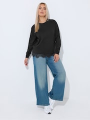 Yours Curve Black Limited Lace Hem Long Sleeve T-Shirt - Image 2 of 6