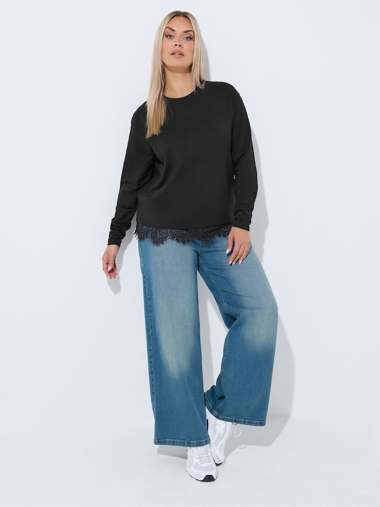 Yours Curve Black Limited Lace Hem Long Sleeve T-Shirt - Image 2 of 6 Yours Curve Black Limited Lace Hem Long Sleeve T-Shirt - Image 2 of 6