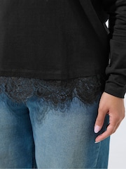 Yours Curve Black Limited Lace Hem Long Sleeve T-Shirt - Image 4 of 6