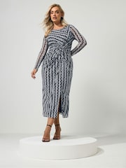 Yours Curve Black London Geometric Mesh Side Twist Dress - Image 1 of 6