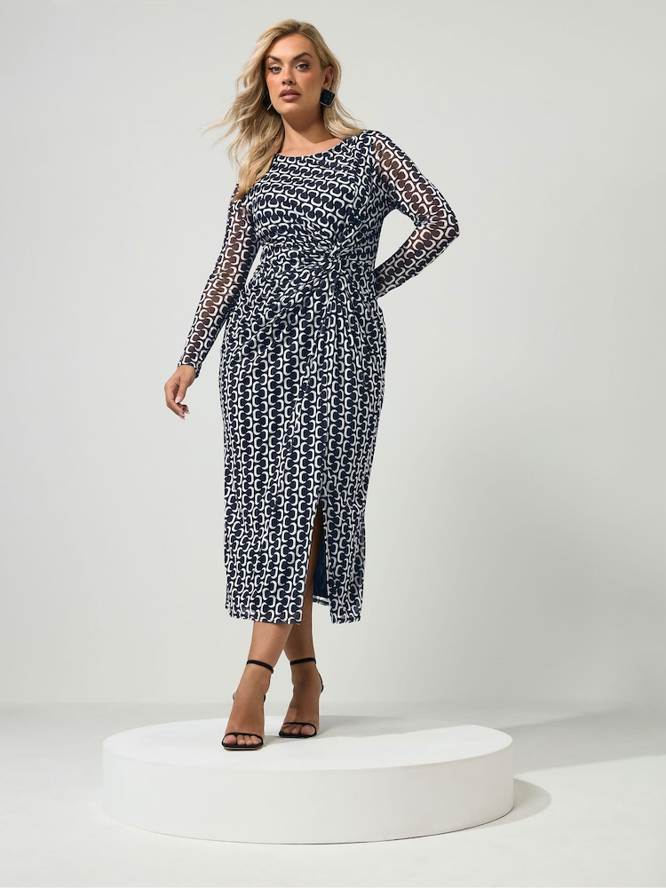Yours Curve Black London Geometric Mesh Side Twist Dress - Image 1 of 6 Yours Curve Black London Geometric Mesh Side Twist Dress - Image 1 of 6