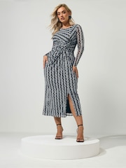 Yours Curve Black London Geometric Mesh Side Twist Dress - Image 2 of 6