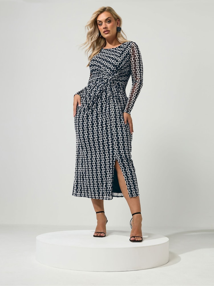 Yours Curve Black London Geometric Mesh Side Twist Dress - Image 2 of 6 Yours Curve Black London Geometric Mesh Side Twist Dress - Image 2 of 6
