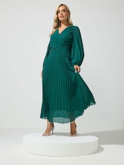 Yours Curve Green London Pleated Long Sleeve Dress - Image 1 of 6