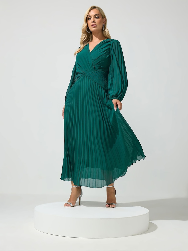 Yours Curve Green London Pleated Long Sleeve Dress - Image 1 of 6 Yours Curve Green London Pleated Long Sleeve Dress - Image 1 of 6