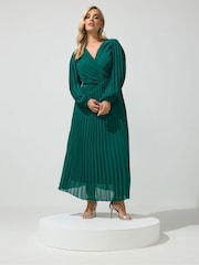 Yours Curve Green London Pleated Long Sleeve Dress - Image 2 of 6