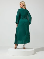 Yours Curve Green London Pleated Long Sleeve Dress - Image 3 of 6