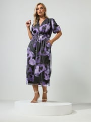 Yours Curve Purple London Puff Sleeve Shirt Dress - Image 2 of 6