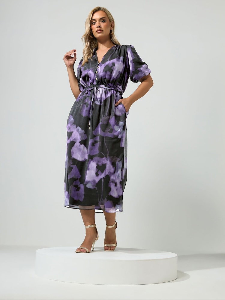 Yours Curve Purple London Puff Sleeve Shirt Dress - Image 2 of 6 Yours Curve Purple London Puff Sleeve Shirt Dress - Image 2 of 6